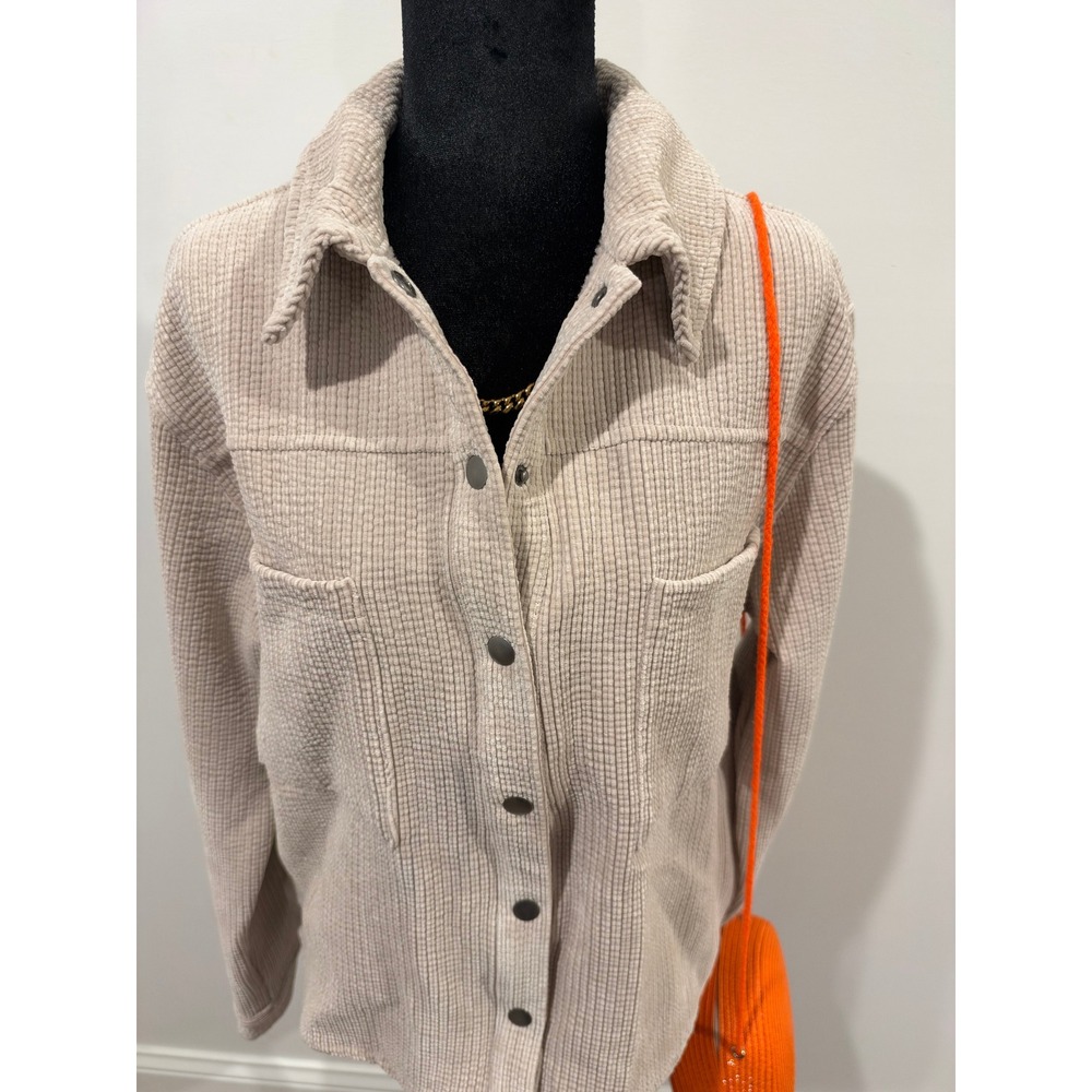 AVLN Studio Women Beige Corduroy Shacket Button Front Pocket Shirt Jacket Medium